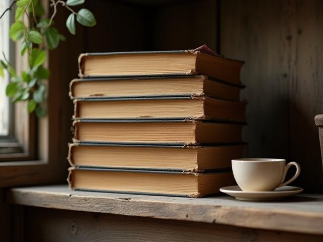 Old books on a rustic wooden shelf