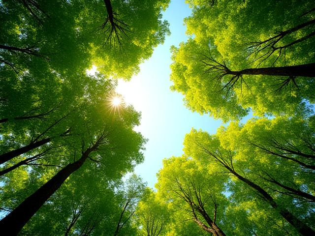 Die Spitzen hoher Bäume, die in den blauen Himmel ragen, durchdrungen von goldenem Sonnenlicht, symbolisieren Poesie.