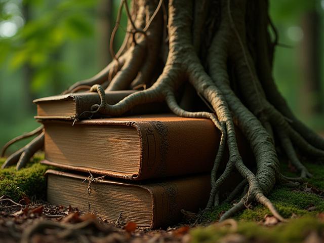 Ein kunstvoll gestaltetes Baumwurzel-Muster, das alte Romane umschlingt.